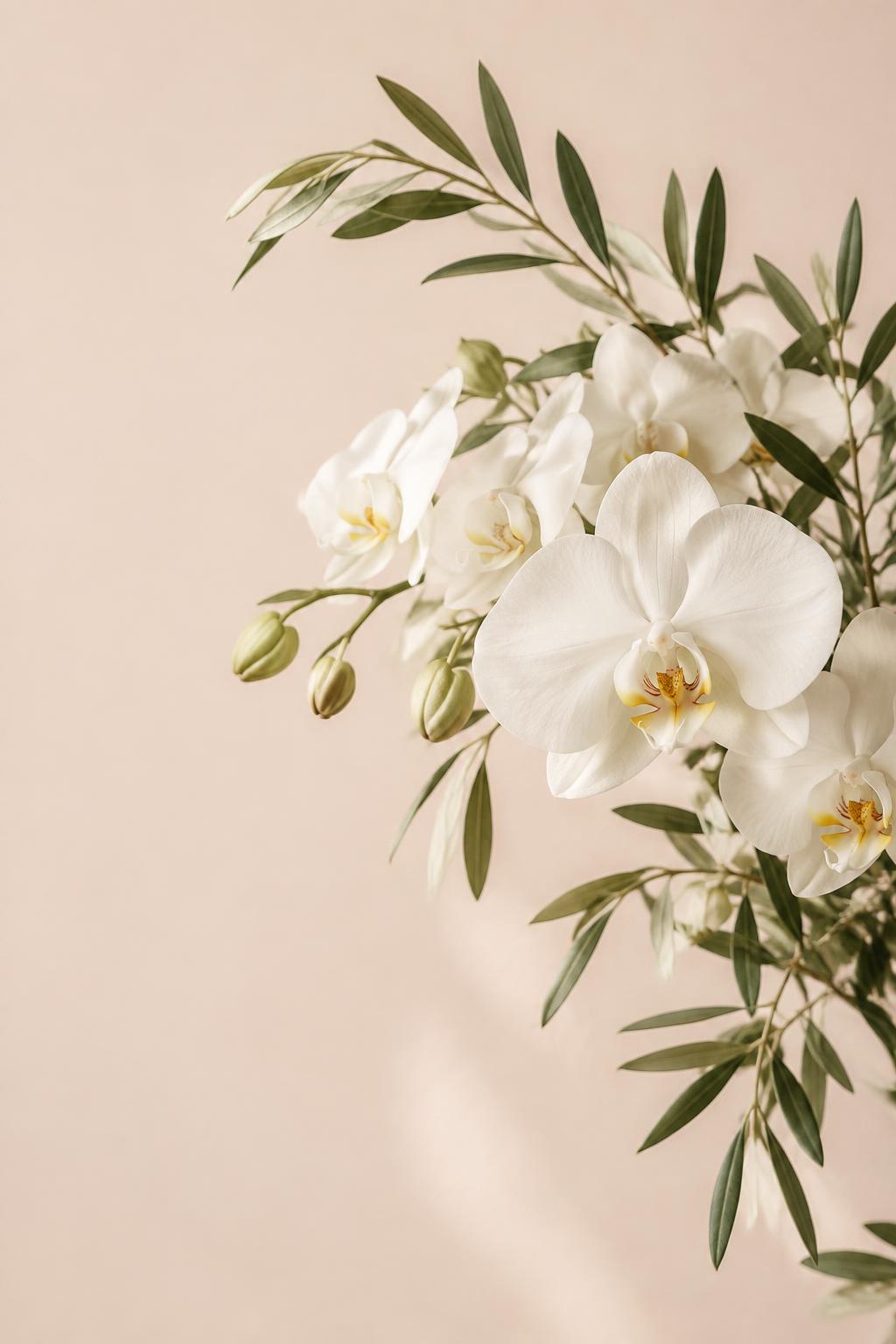 Orquídeas brancas e folhas delicadas